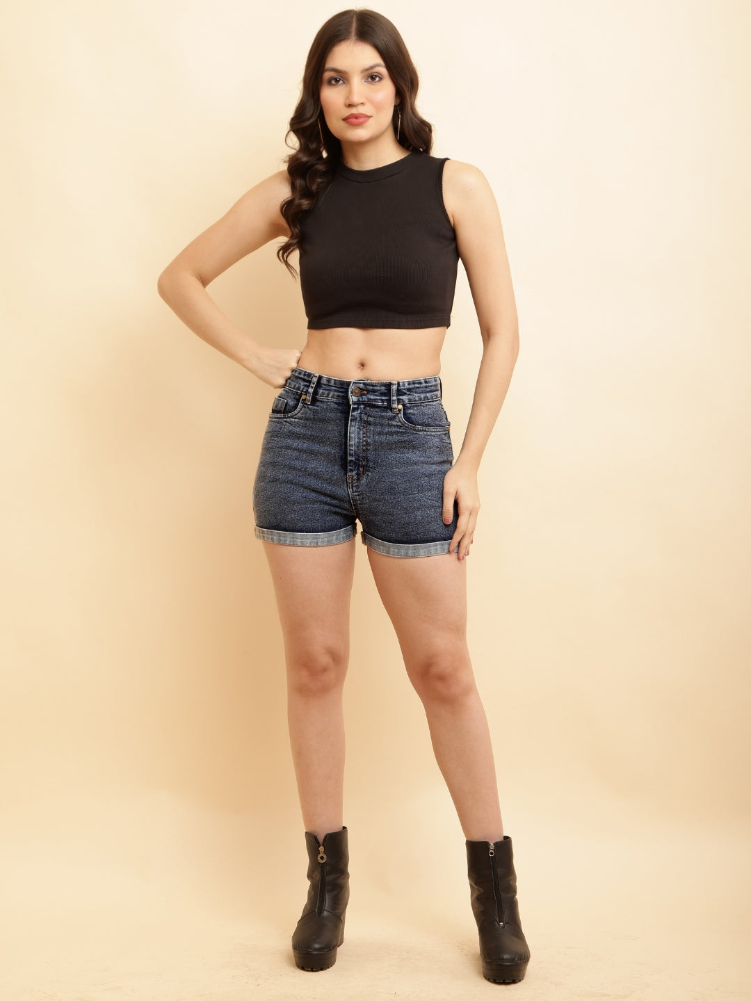 PUELLA Women Blue Washed High-Rise Regular Fit Denim Shorts