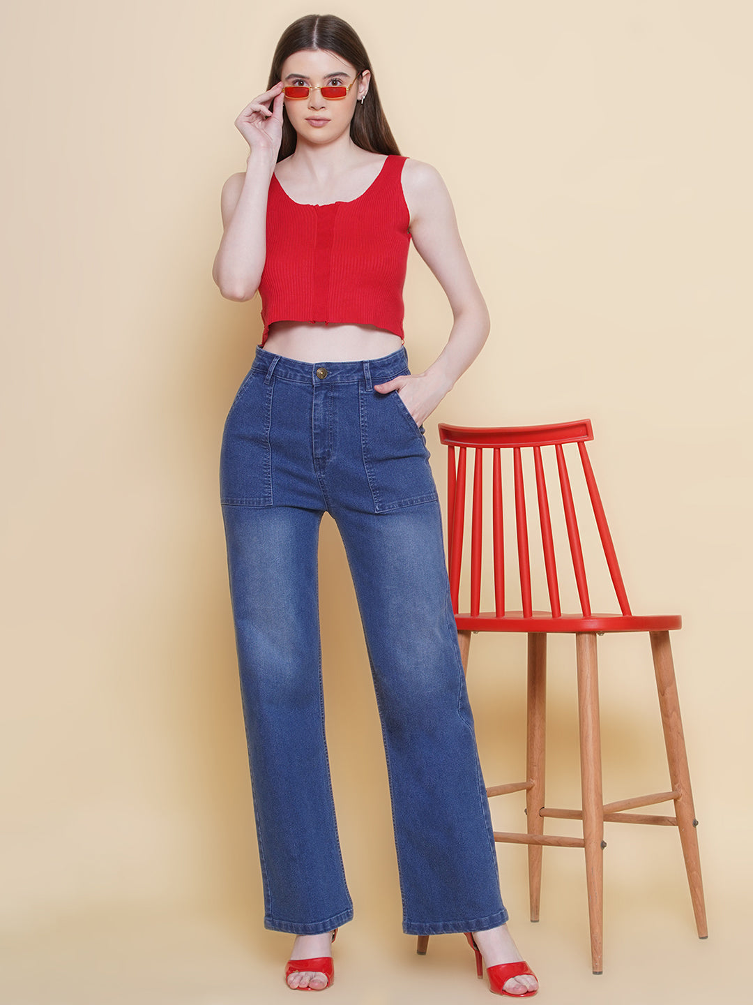 PUELLA Women Mid-Blue High-Rise Straight Fit Utility Jeans