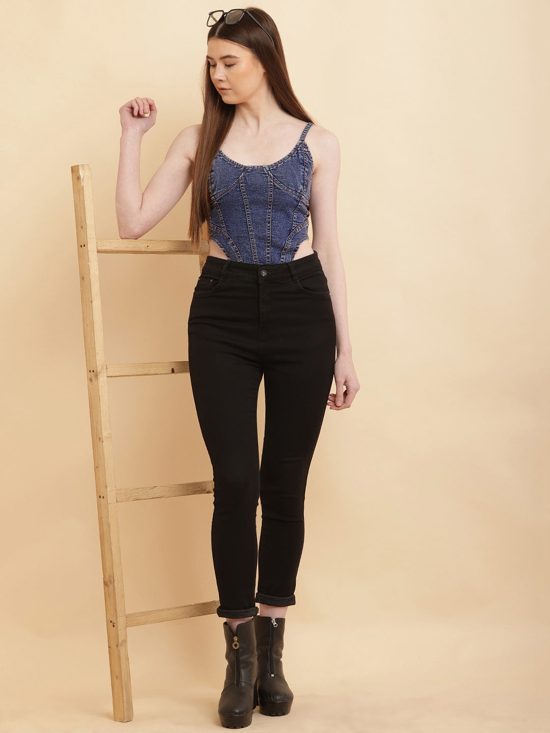 PUELLA Women’s Washed Blue Denim Corset-Style Crop Top with Spaghetti Straps