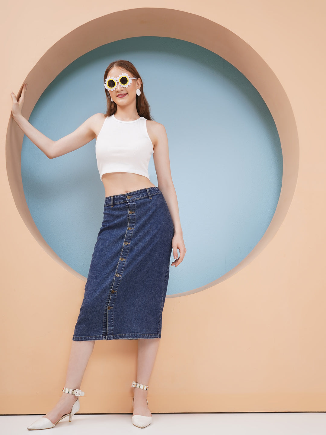 PUELLA Women’s Dark Blue Button-Down Denim Midi Skirt