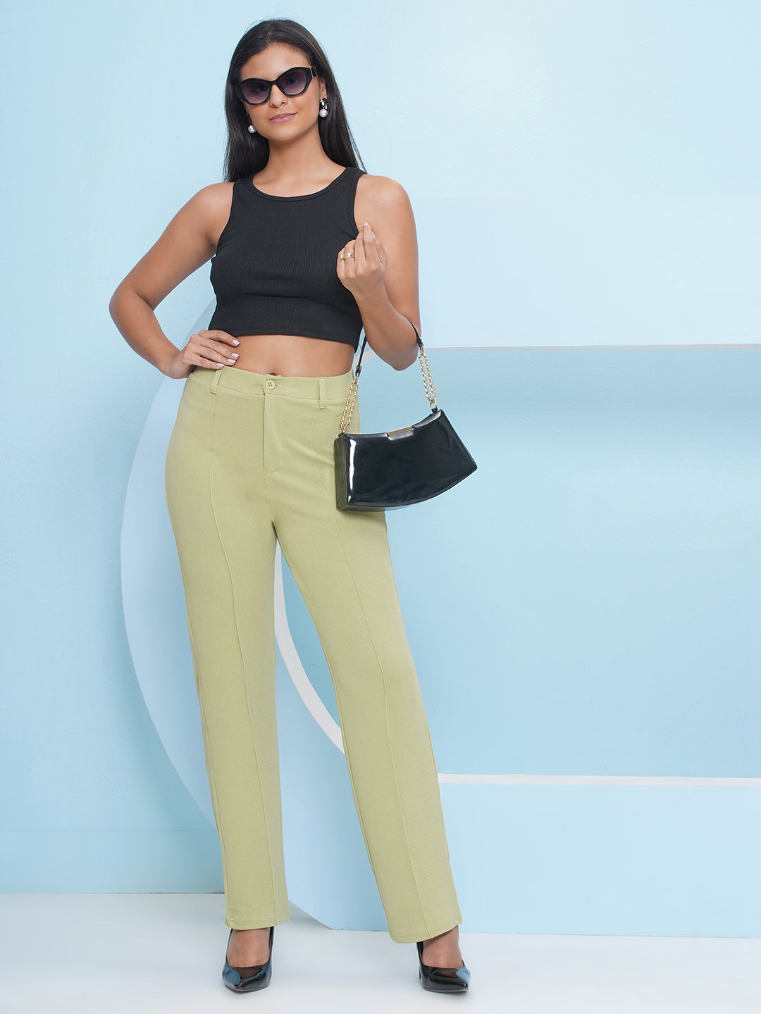 PUELLA Women Light Green High-Rise Straight Fit Trousers