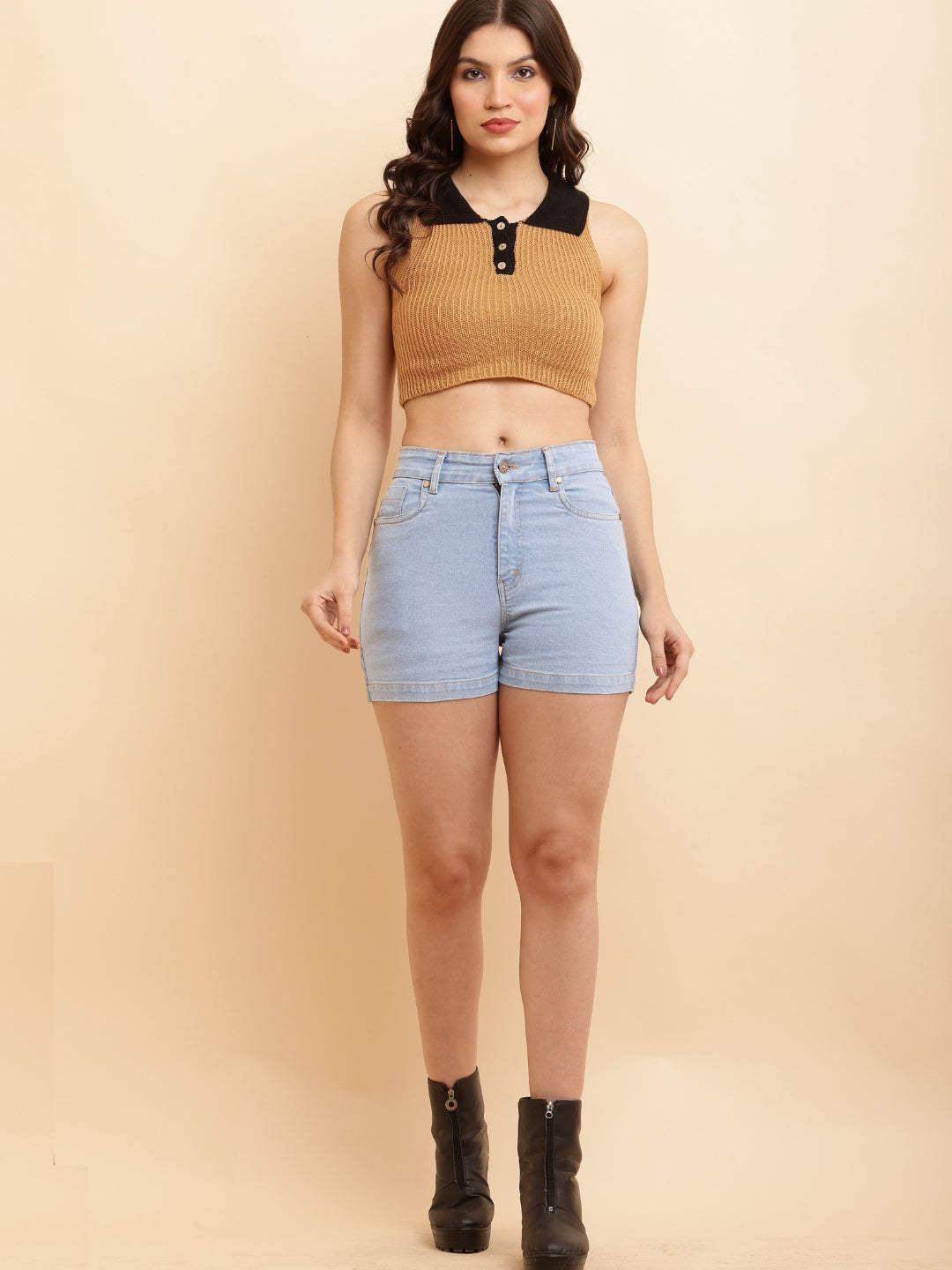 PUELLA Women’s Light Blue High-Rise Slim Fit Denim Shorts