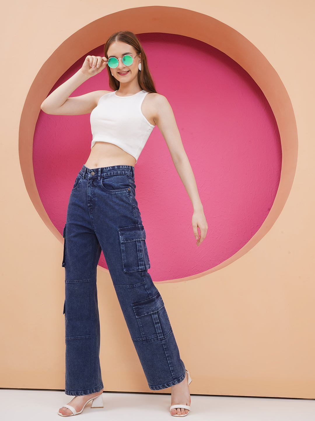 PUELLA Women Dark Blue High-Rise Cargo Wide-Leg Jeans