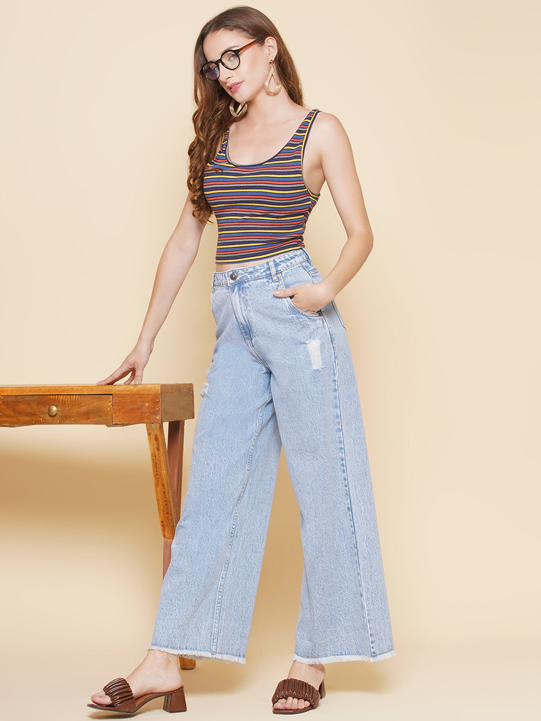 PUELLA Women Light Blue High-Rise Distressed Wide-Leg Jeans