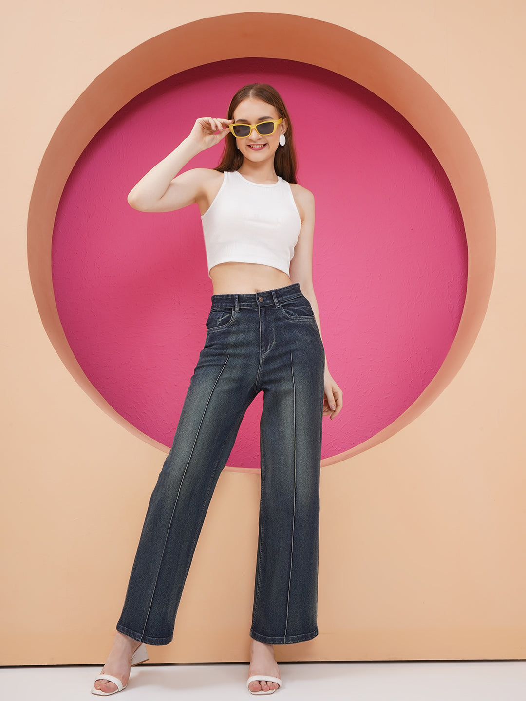 PUELLA Women Dark Indigo High-Rise Wide-Leg Jeans