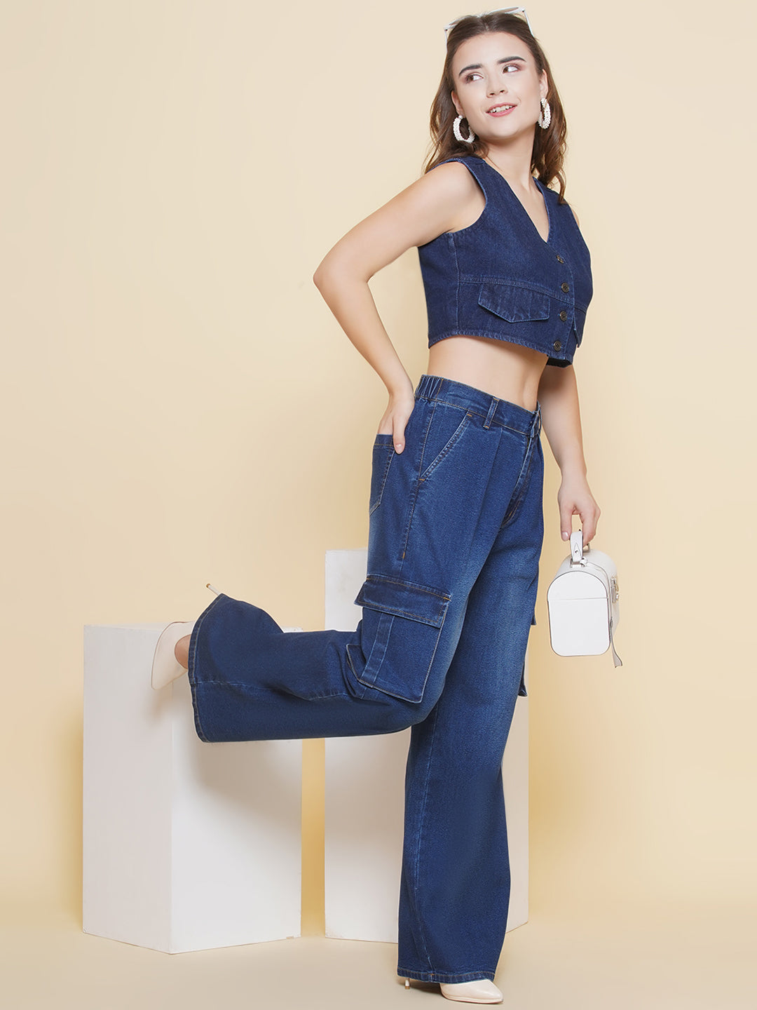 PUELLA Women Dark Blue High-Rise Wide-Leg Cargo Jeans