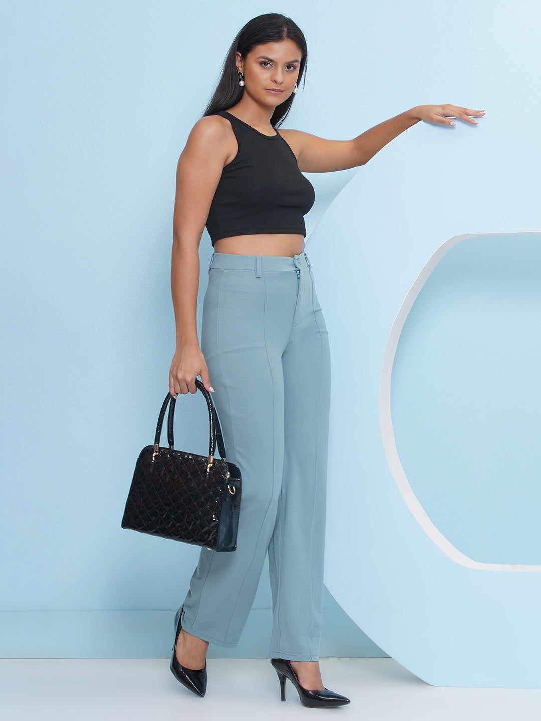 PUELLA Women Light Blue High-Rise Straight Fit Trousers