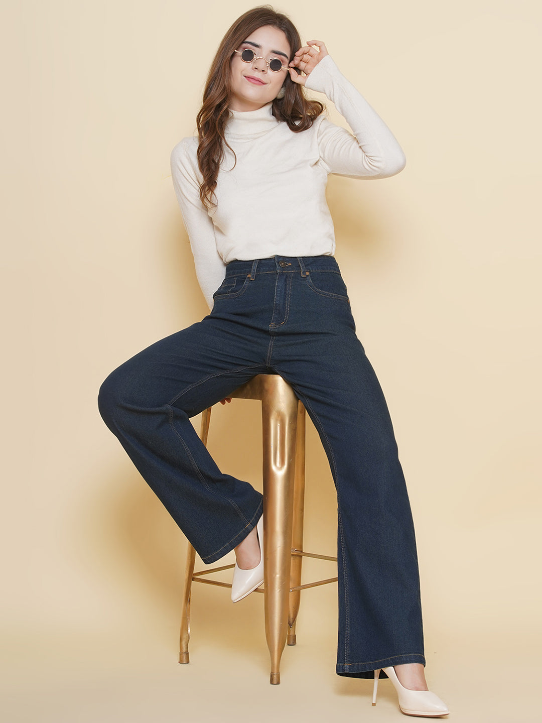 PUELLA Women Dark Indigo High-Rise Wide-Leg Jeans