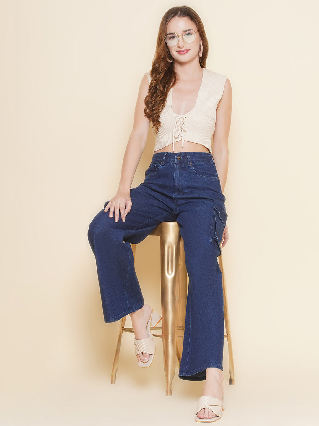 PUELLA Women’s Dark Blue Cargo Wide-Leg Jeans