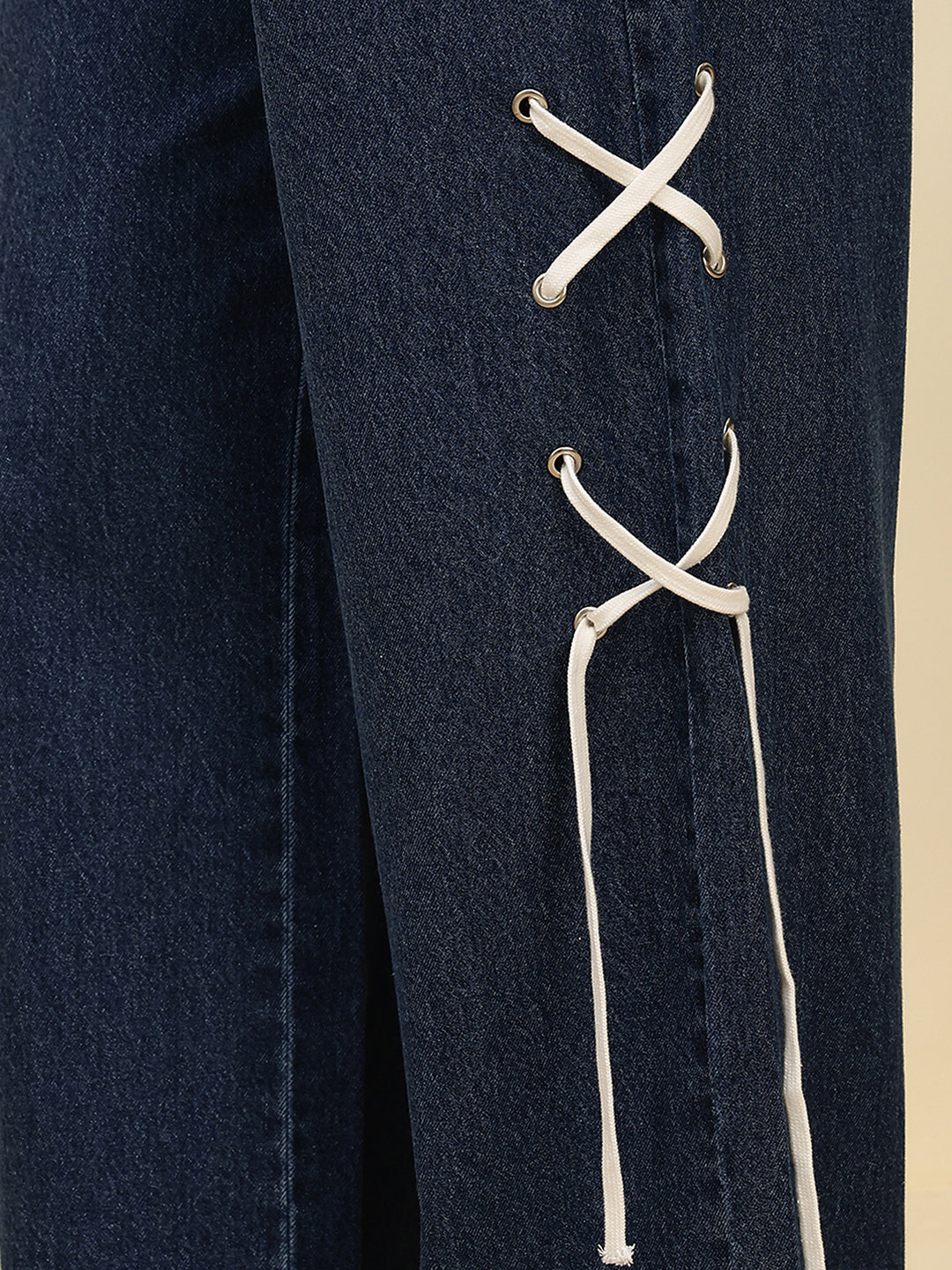 Women’s Dark Blue High-Rise Loose Fit Jeans with Side Lace-Up Detail