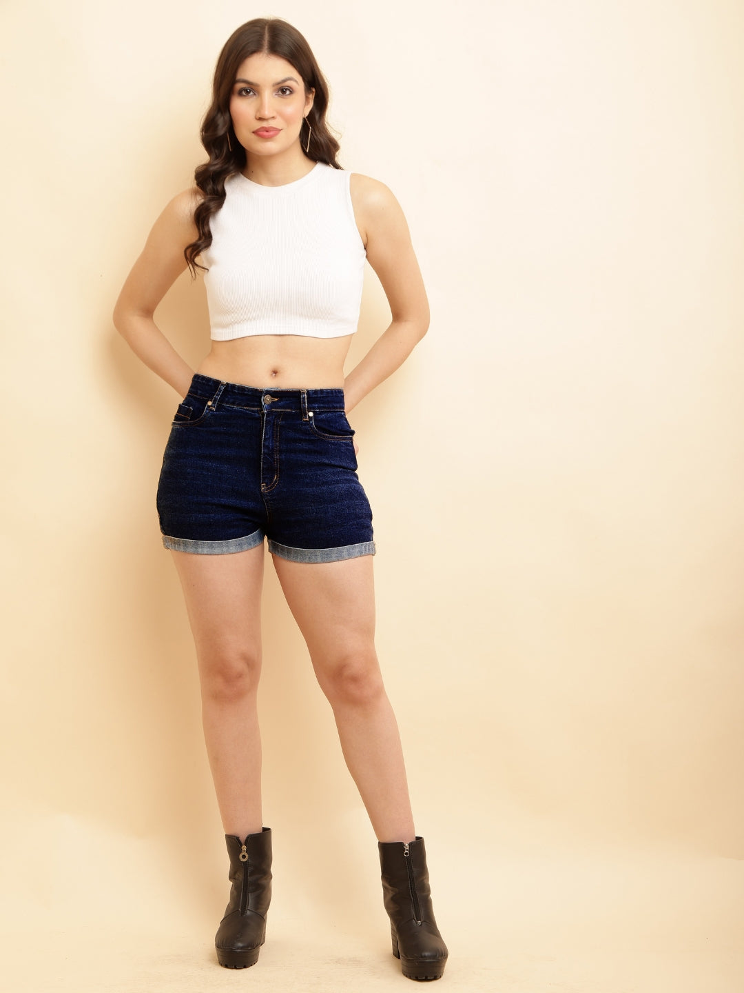 PUELLA Women Dark Blue Washed High-Rise Regular Fit Denim Shorts