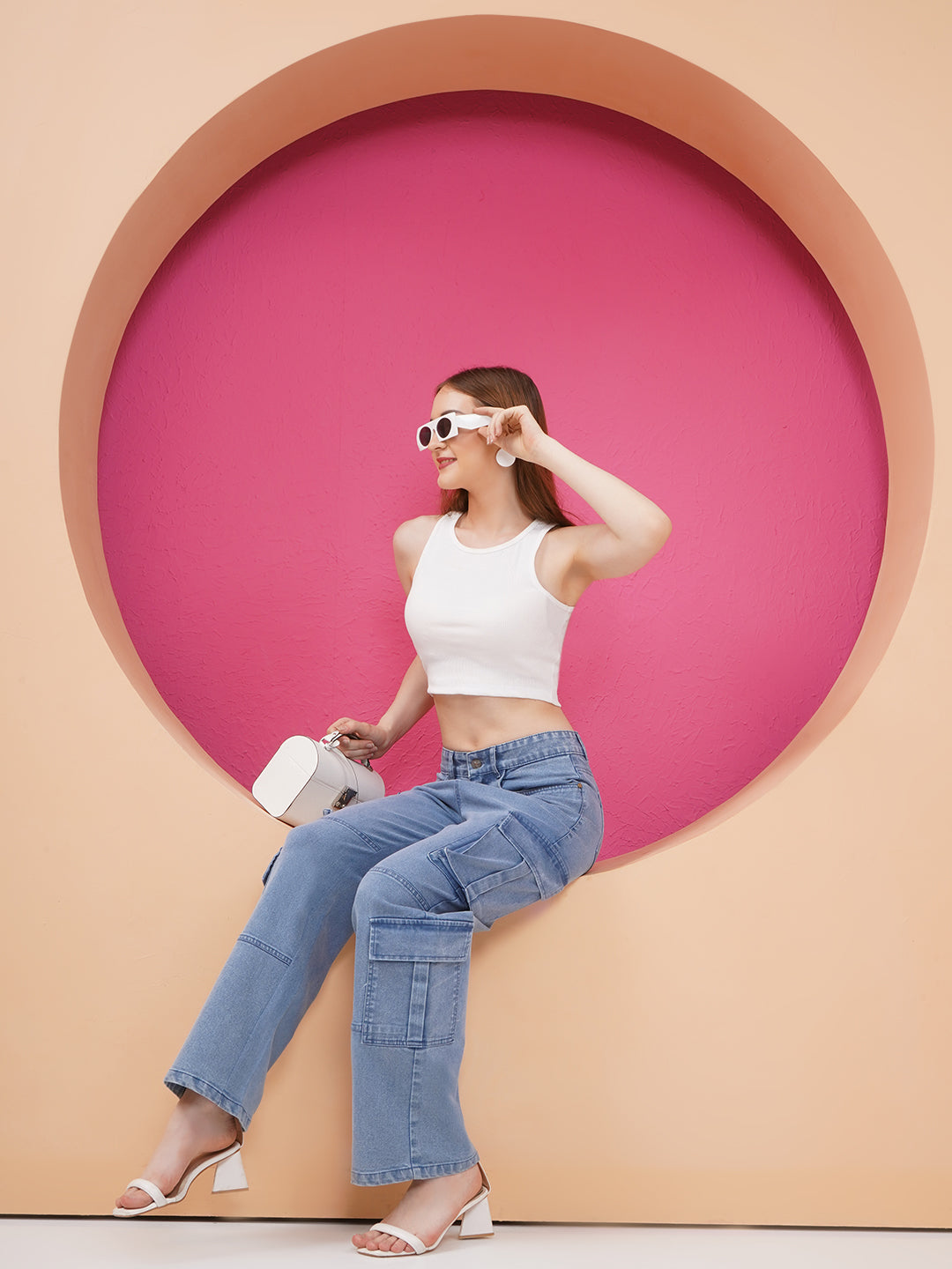 PUELLA Women Light Blue High-Rise Cargo Wide-Leg Jeans