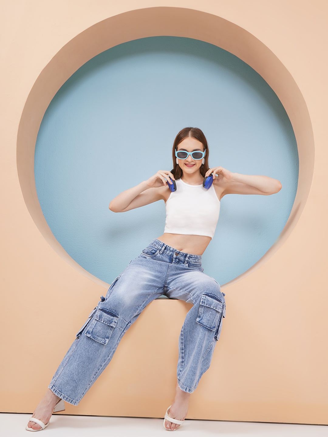 PUELLA Women Ice Blue High-Rise Cargo Wide-Leg Jeans