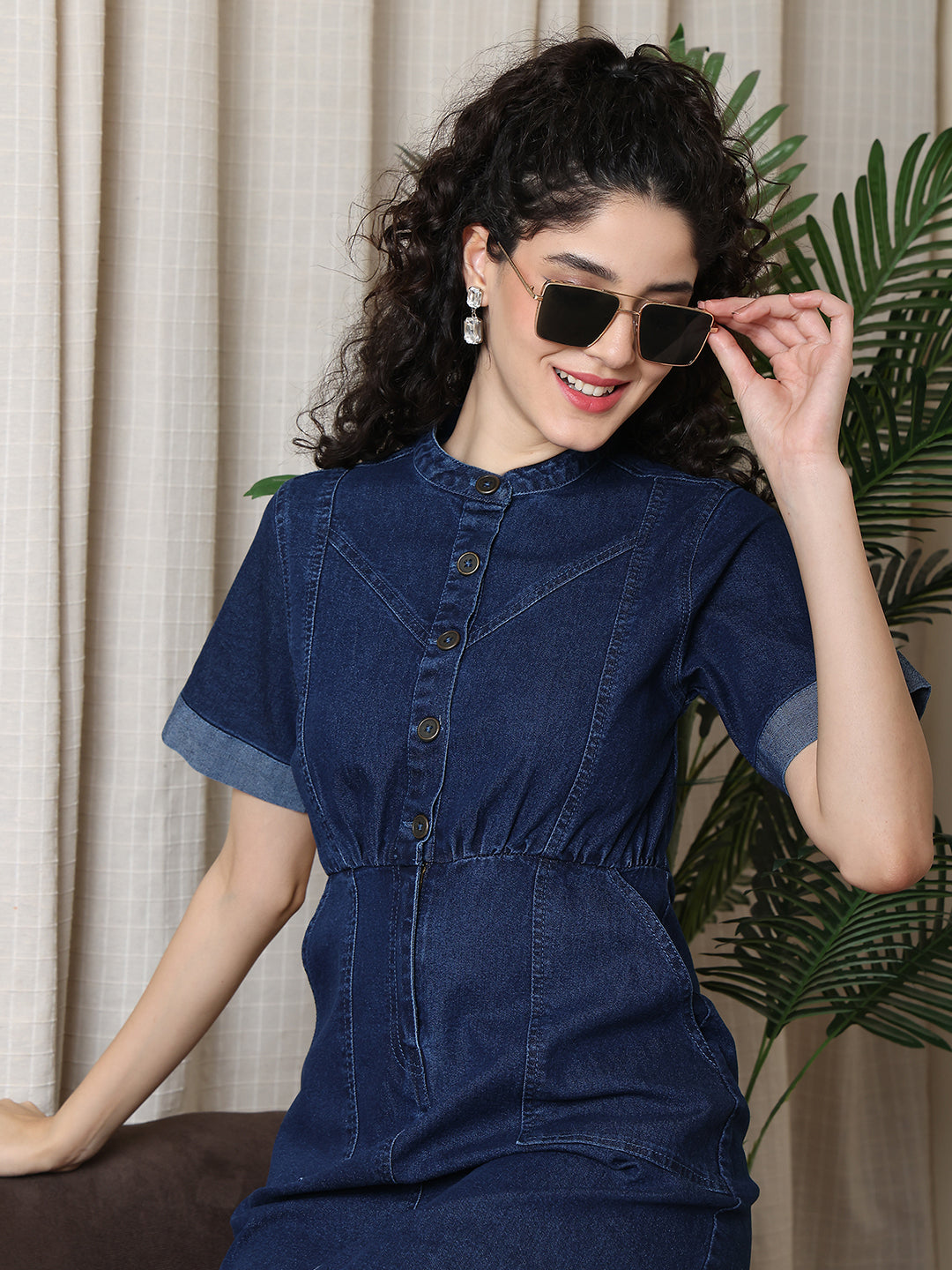 PUELLA Women’s Dark Blue Short Sleeve Denim Shirt Dress