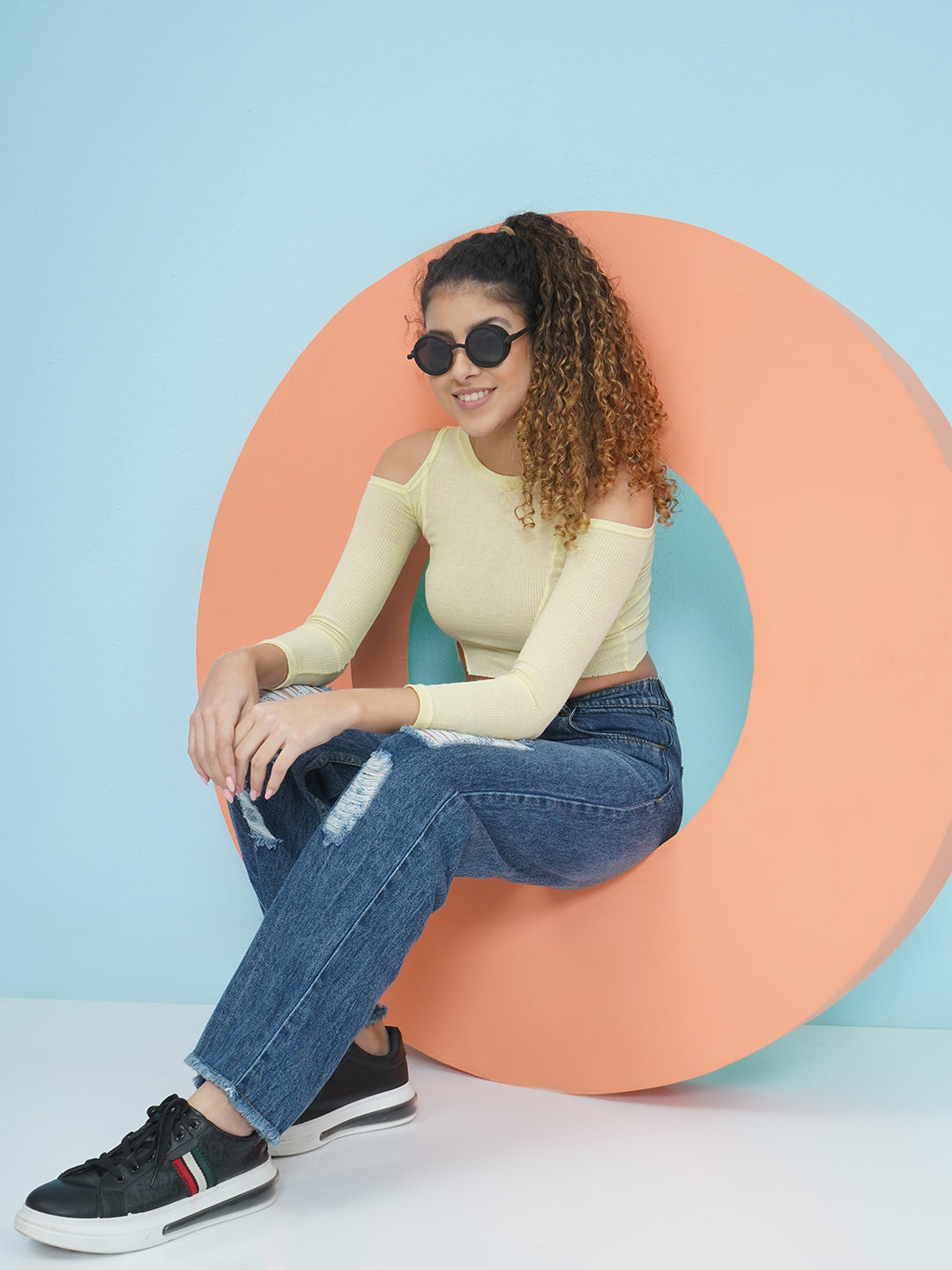 PUELLA Dark Blue High-Rise Highly Distressed Straight Fit Jeans