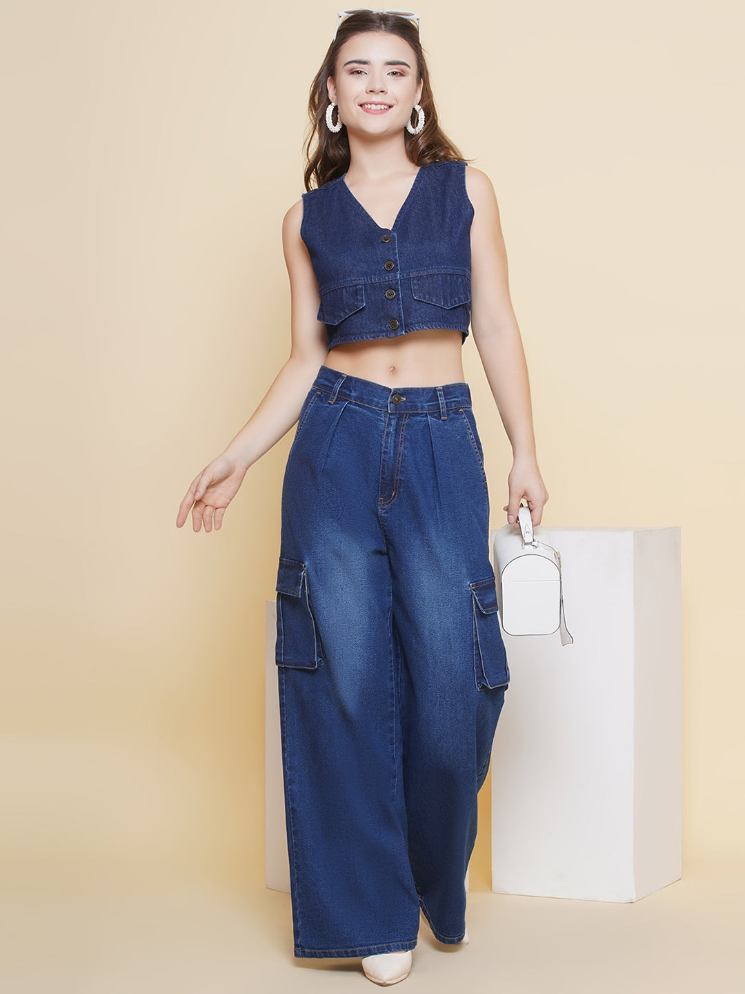 PUELLA Women Dark Blue High-Rise Wide-Leg Cargo Jeans