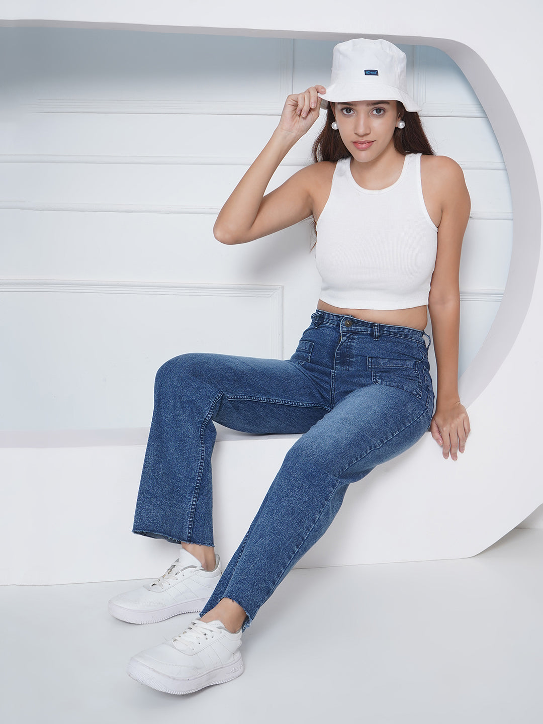 PUELLA Women Dark Blue High-Rise Straight Fit Utility Pocket Jeans