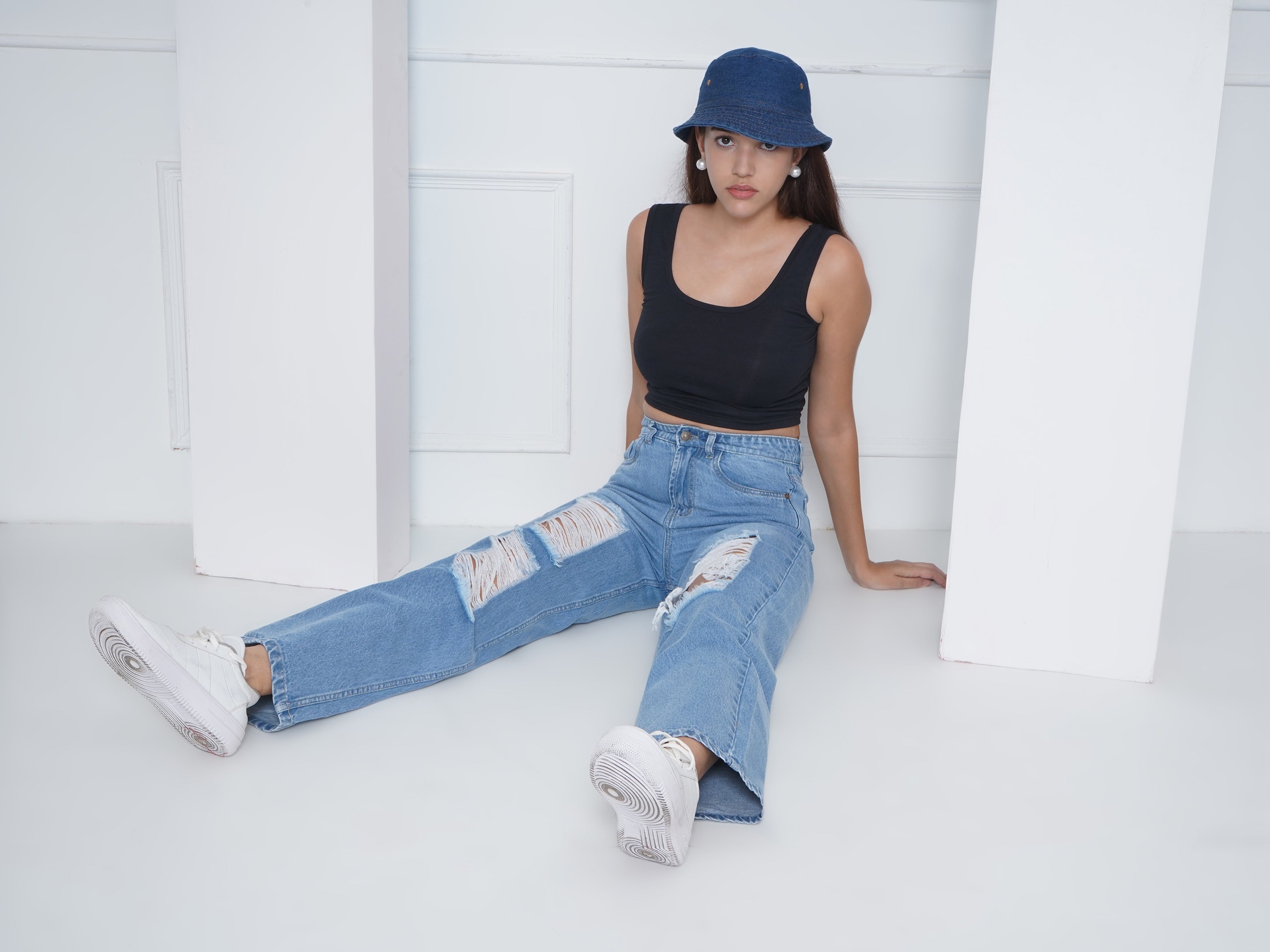 PUELLA Women Light Blue High-Rise Distressed Wide-Leg Jeans