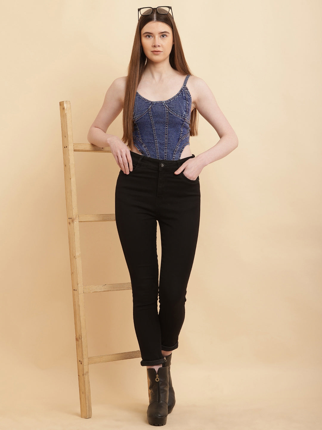 PUELLA Women’s Washed Blue Denim Corset-Style Crop Top with Spaghetti Straps