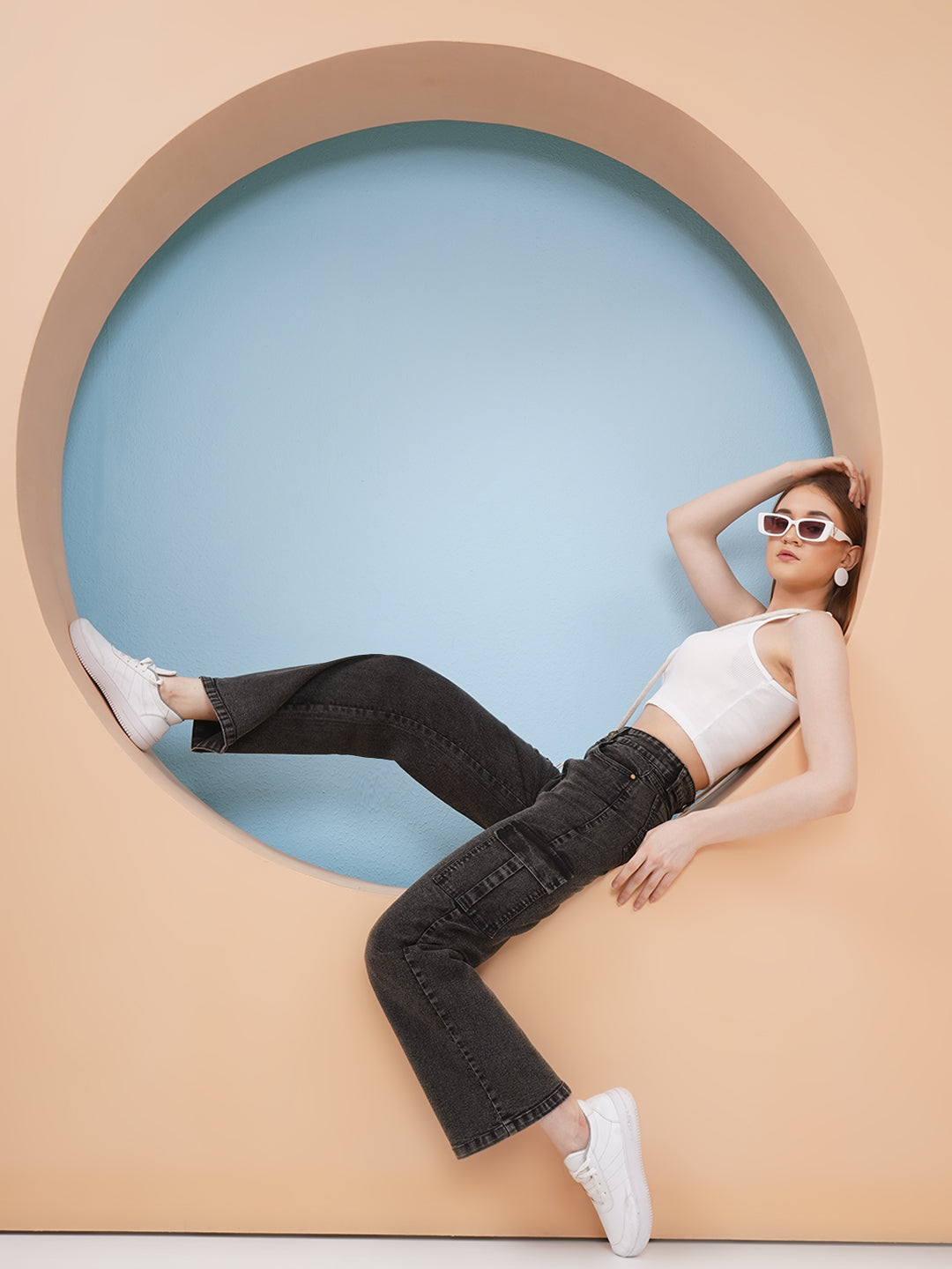 PUELLA Women Black Washed High-Rise Cargo Wide-Leg Jeans