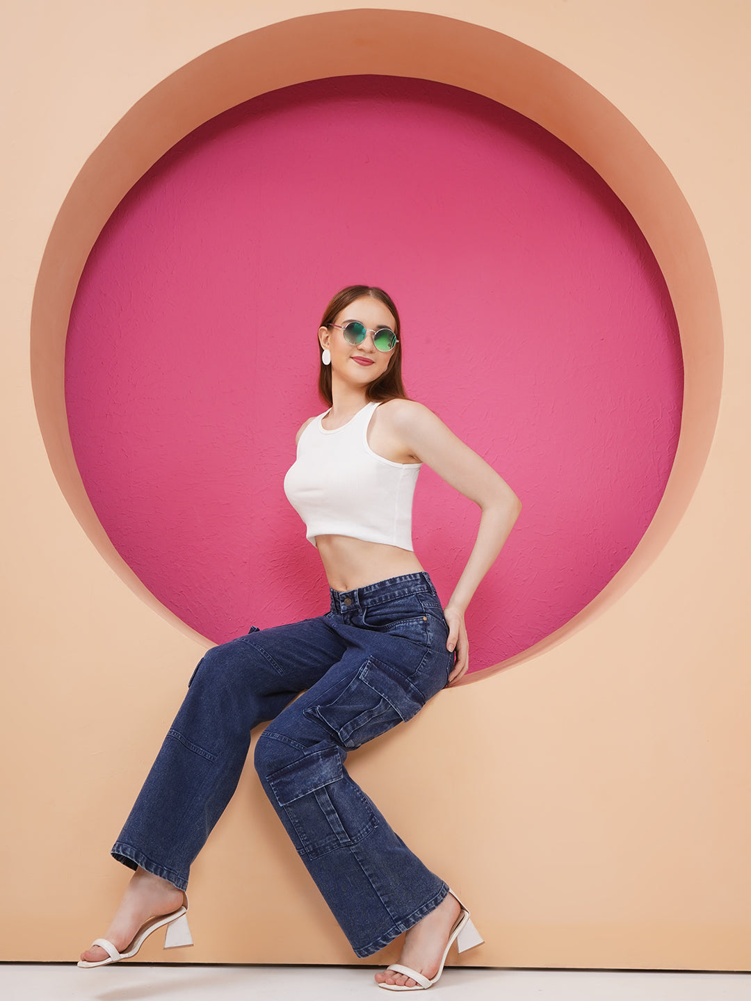 PUELLA Women Dark Blue High-Rise Cargo Wide-Leg Jeans