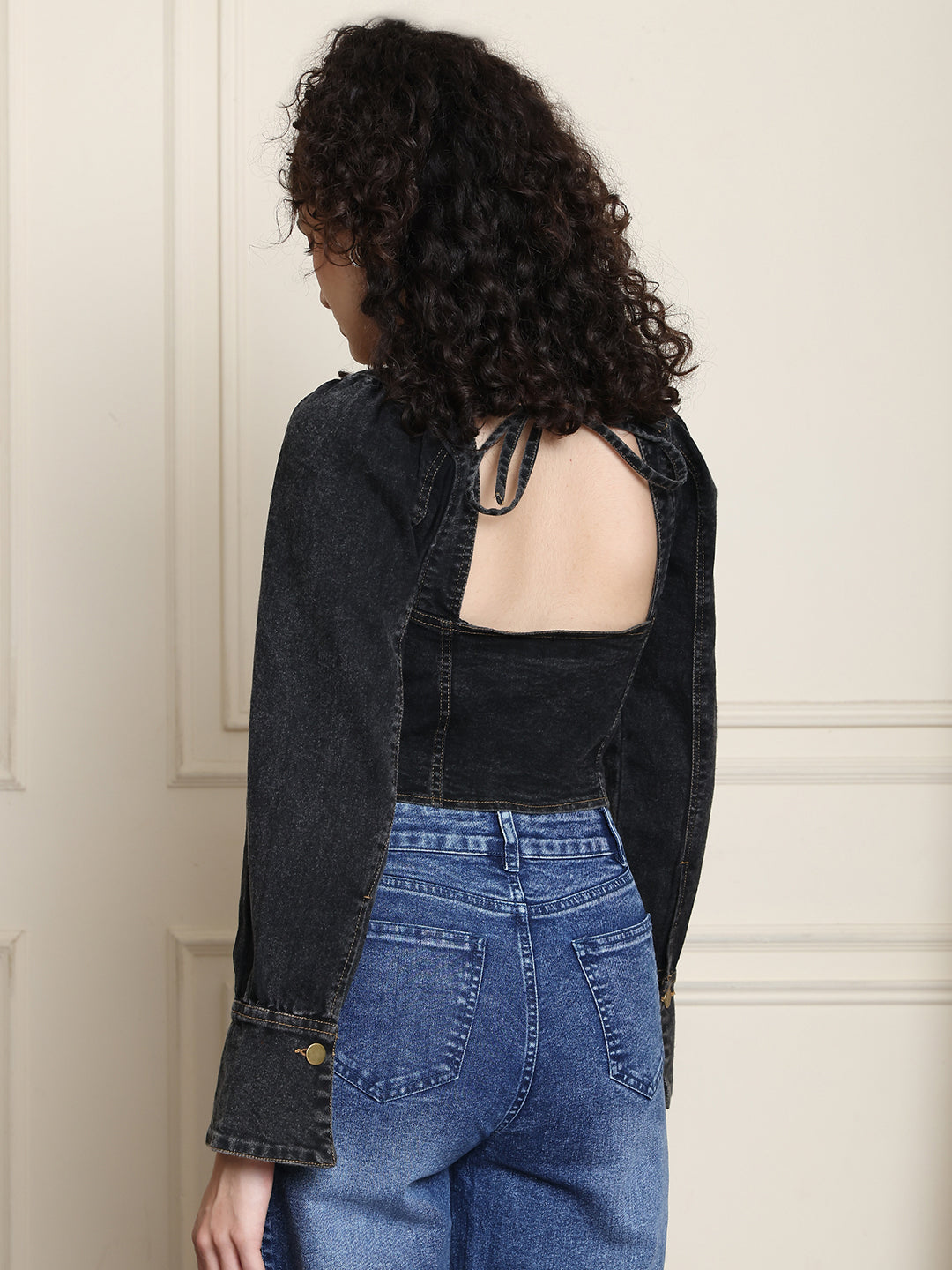 PUELLA Women’s Black Denim Corset Top | Full Sleeve Front Zipper Western Crop Top for Party, Casual & Clubwear