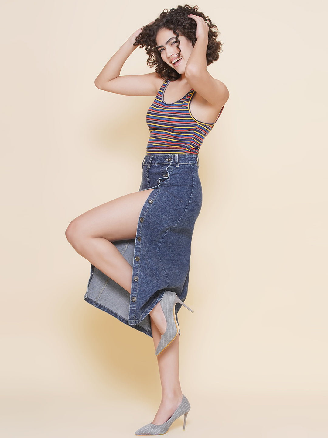 PUELLA Straight Button Clouser Denim Skirt For Women