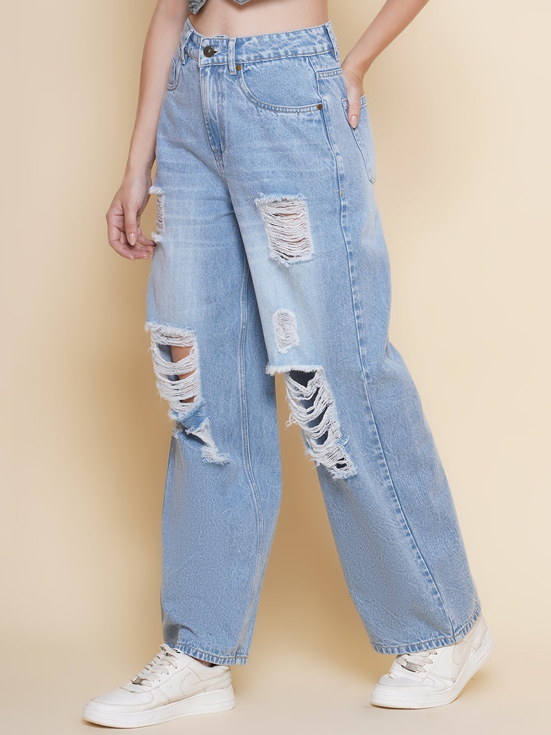 PUELLA Straight Fit, Women’s High-Rise Baggy Ripped Wide-Leg Jeans