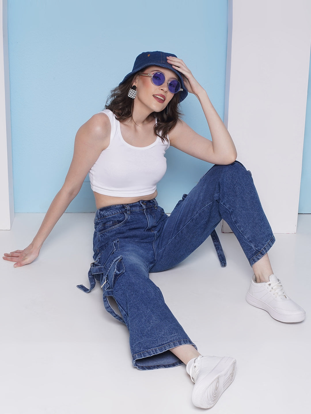 PUELLA Women’s High-Rise Cargo Wide-Leg Jeans with Multi Pockets