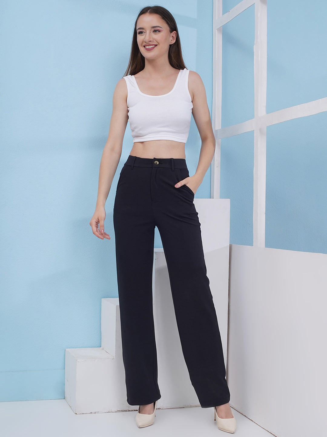 PUELLA Regular Fit Black Color Knitted Fabric Trouser Pant For Women