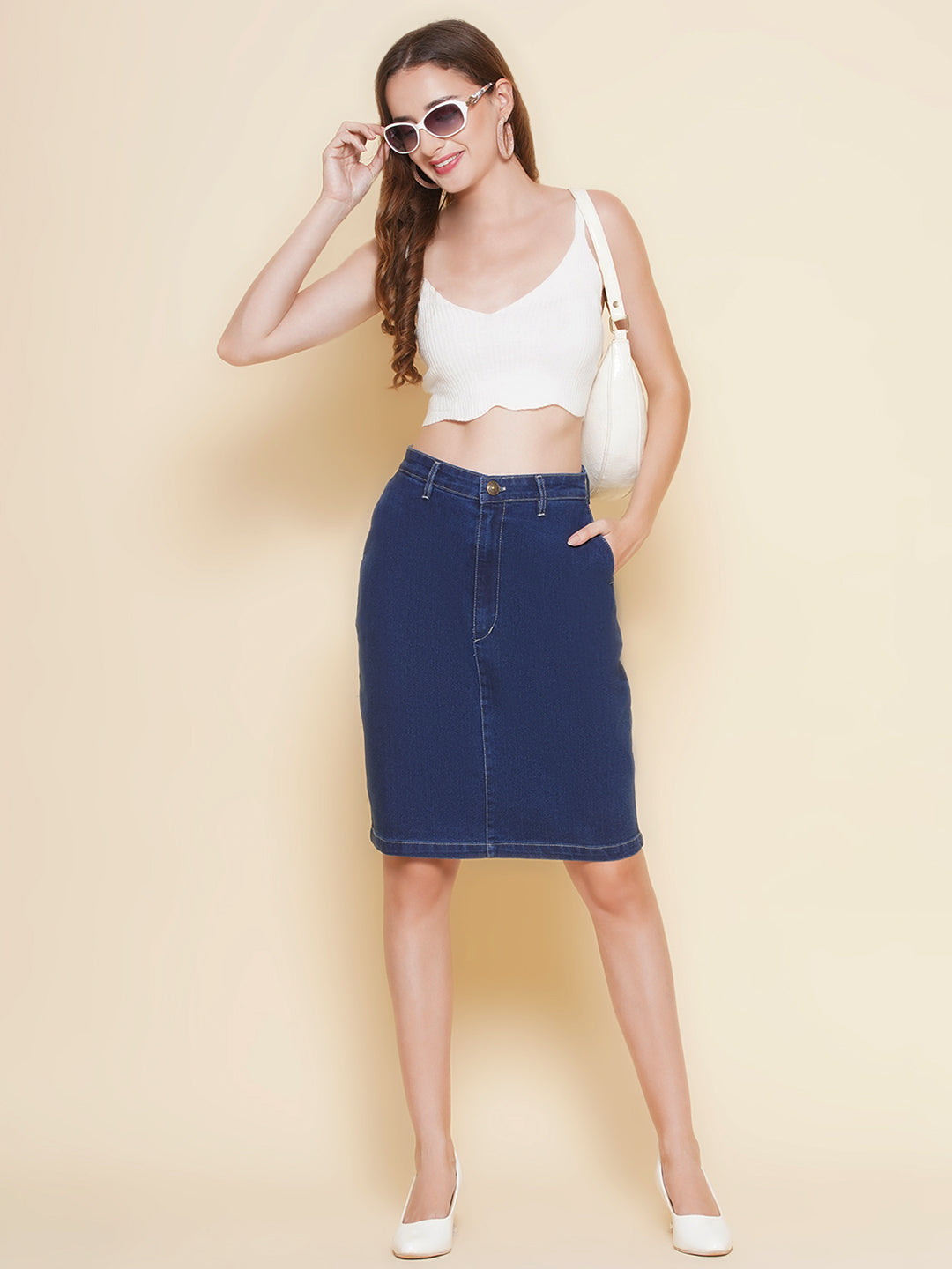 PUELLA Women’s High-Rise Denim Pencil Skirt with Pockets