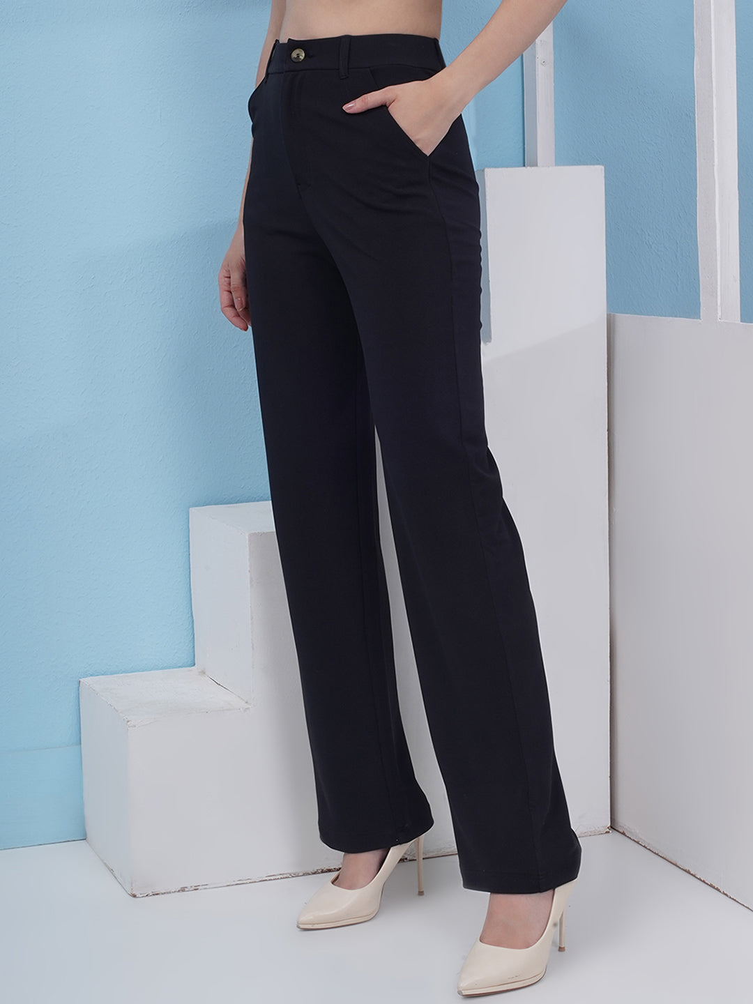 PUELLA Regular Fit Black Color Knitted Fabric Trouser Pant For Women