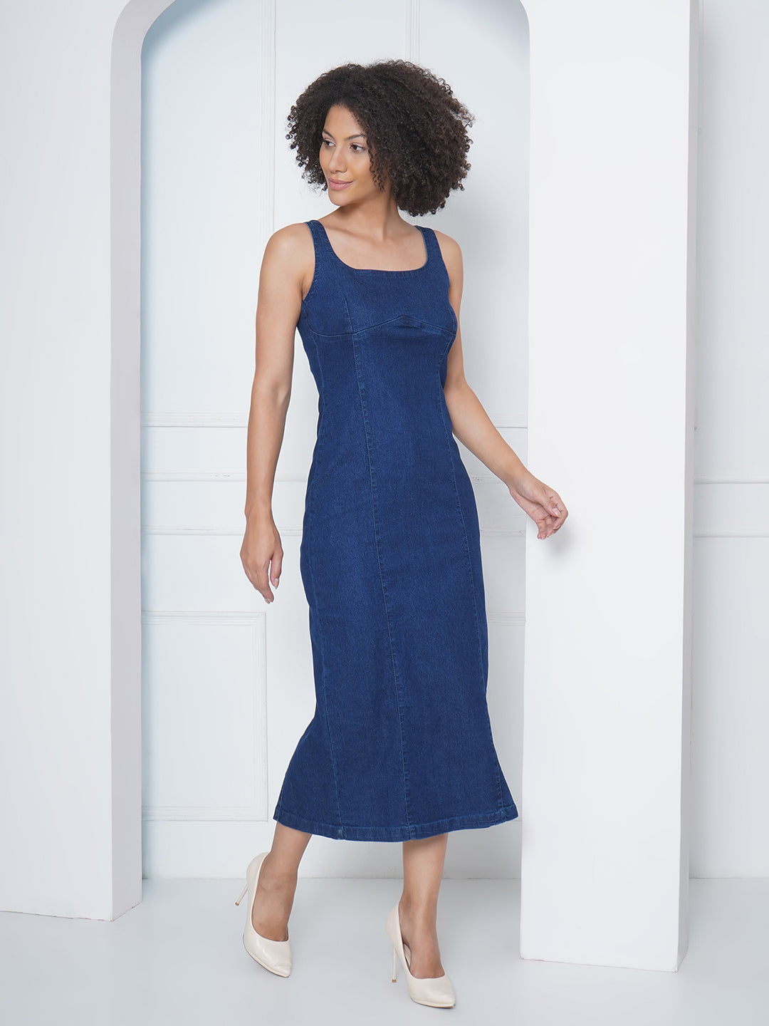 PUELLA Denim Dark Blue A-Line Square Neck Midi Dress For Women