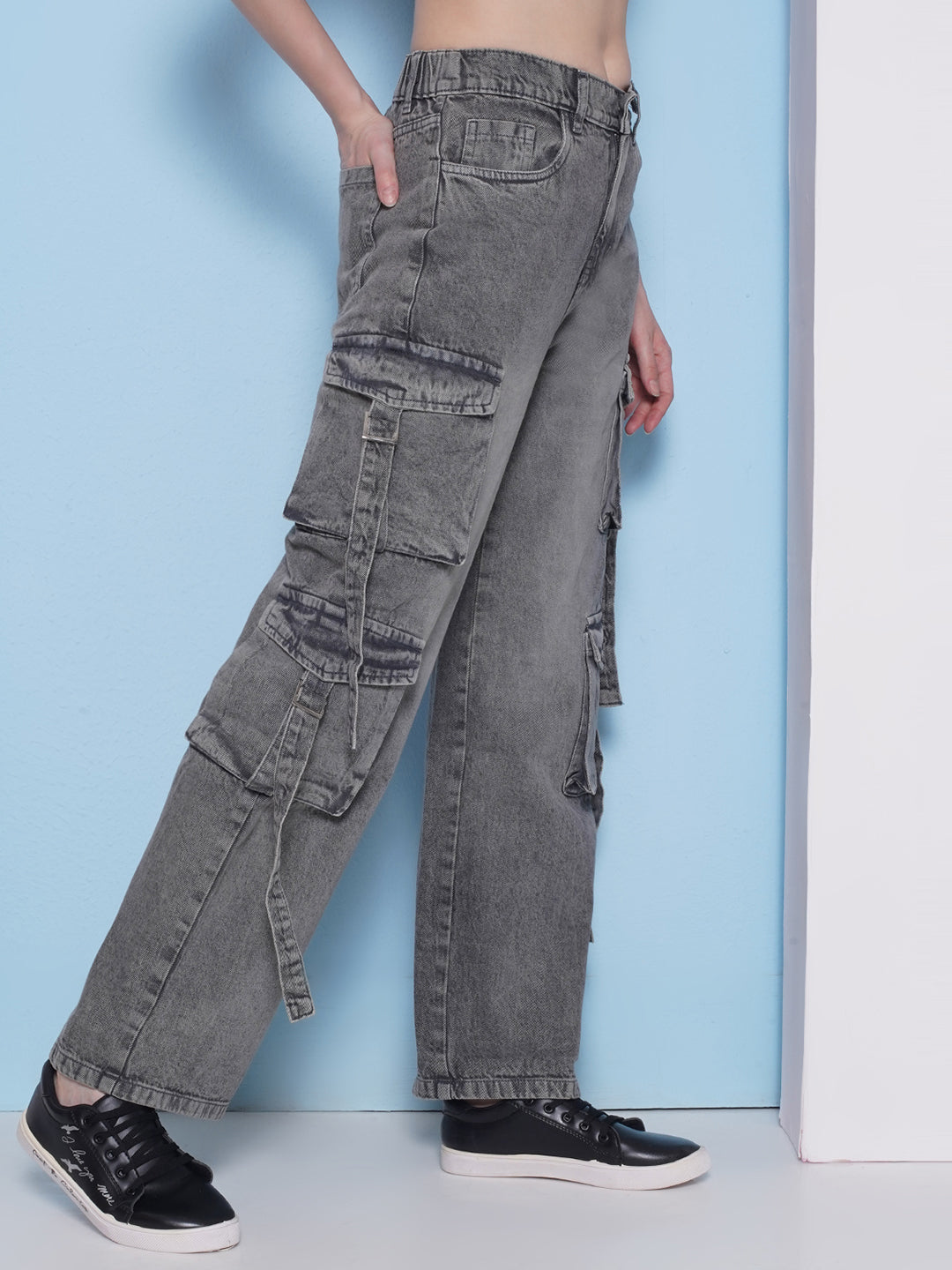 PUELLA Women’s High-Rise Cargo Wide-Leg Jeans with Multi Pockets