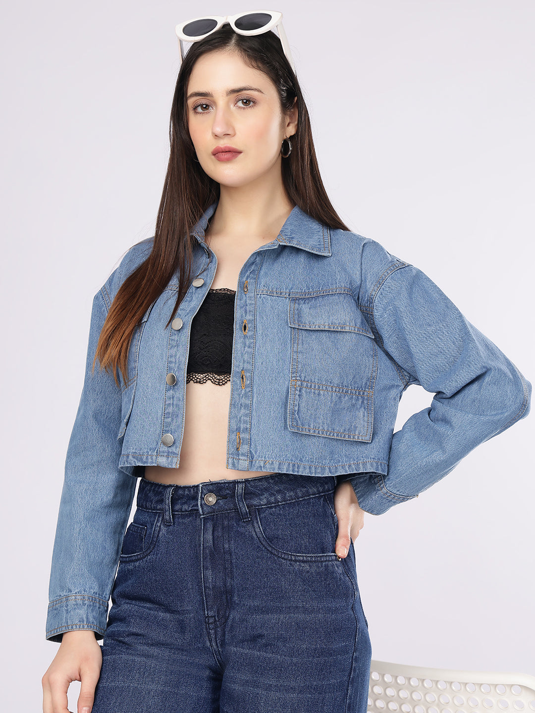 PUELLA Women's Light Blue Boxy Fit Cropped Denim Shirt
