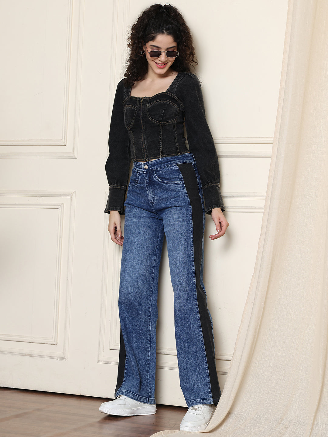 PUELLA Women High-Rise Blue Dual-Tone Wide-Leg Jeans