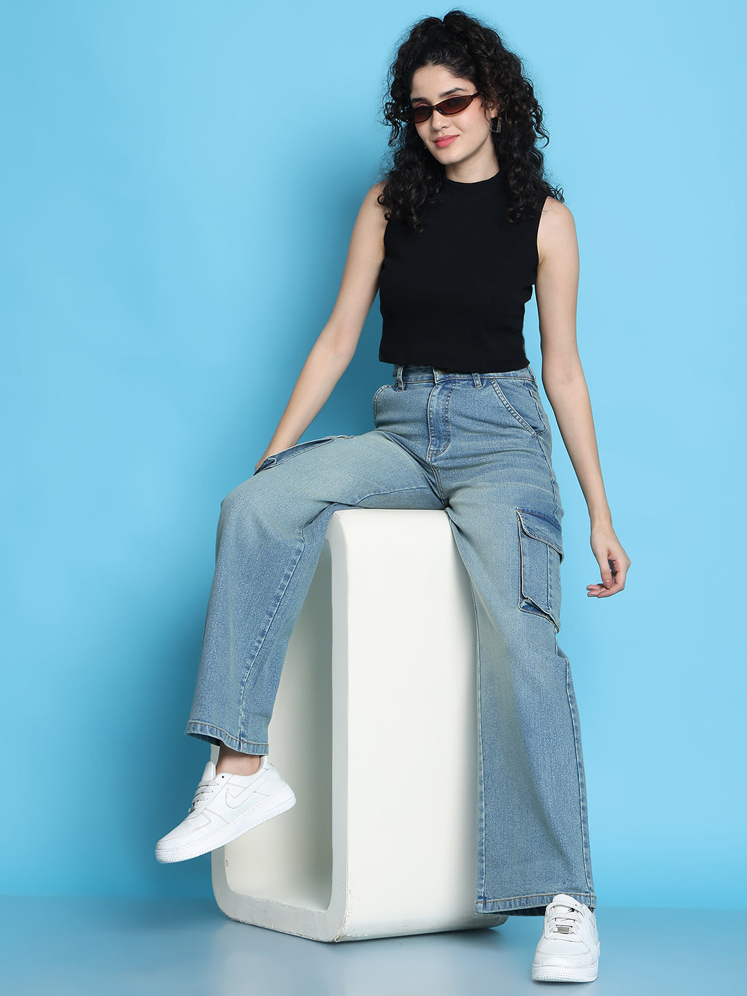 PUELLA Light Blue High-Rise Straight-Fit Utility Jeans