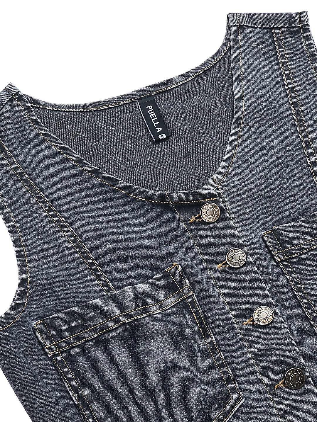 PUELLA Women’s Sleeveless Washed Black Denim Crop Top with Front Buttons