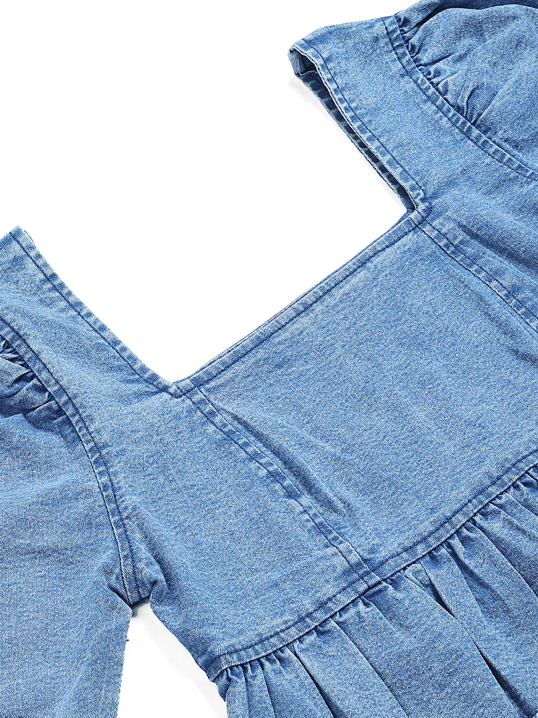 PUELLA Women’s Denim Puff Sleeve Peplum Crop Top – Stylish Square Neck Western Wear