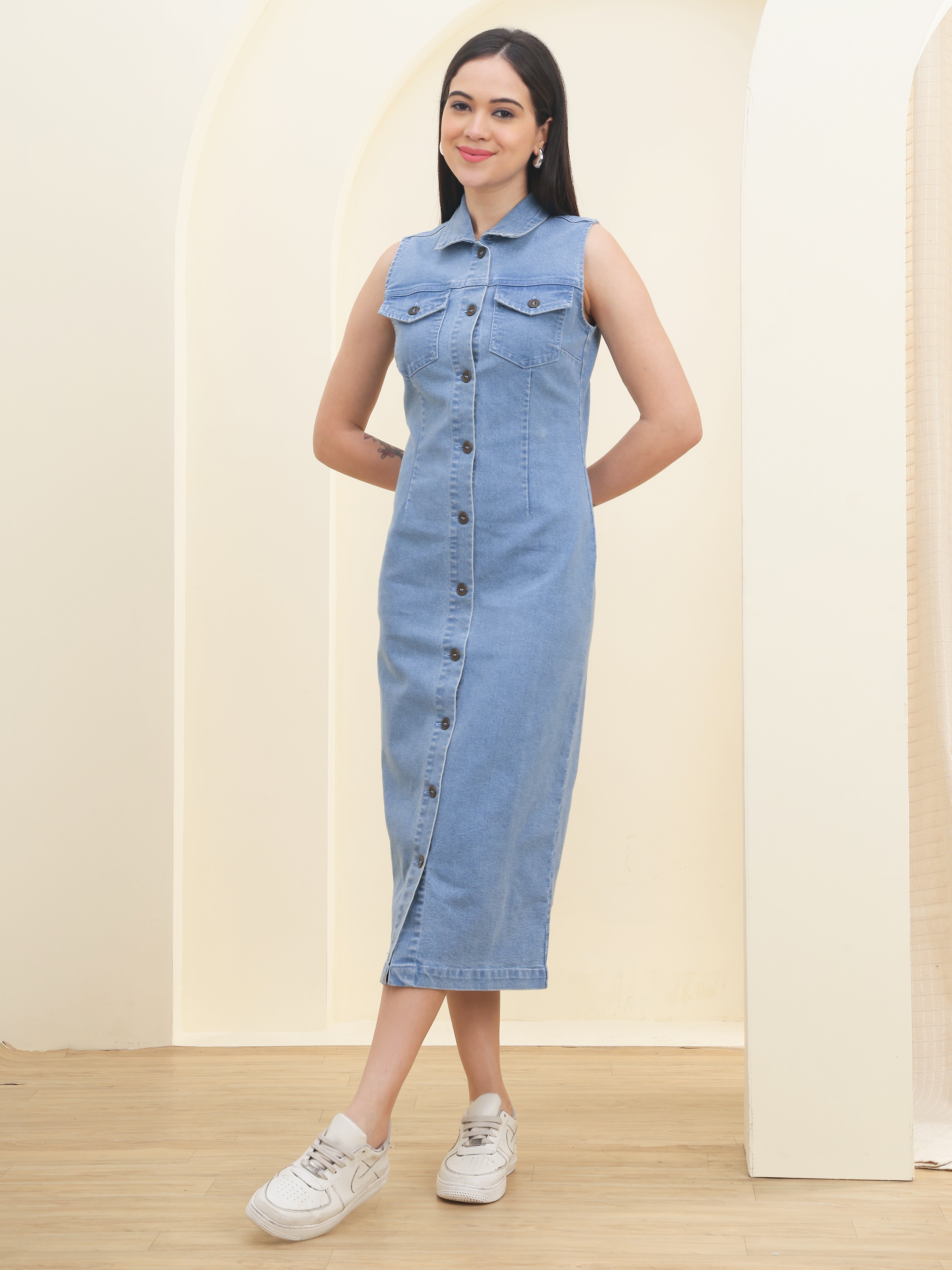 DOZER Light Blue Denim Button-Down Maxi Dress