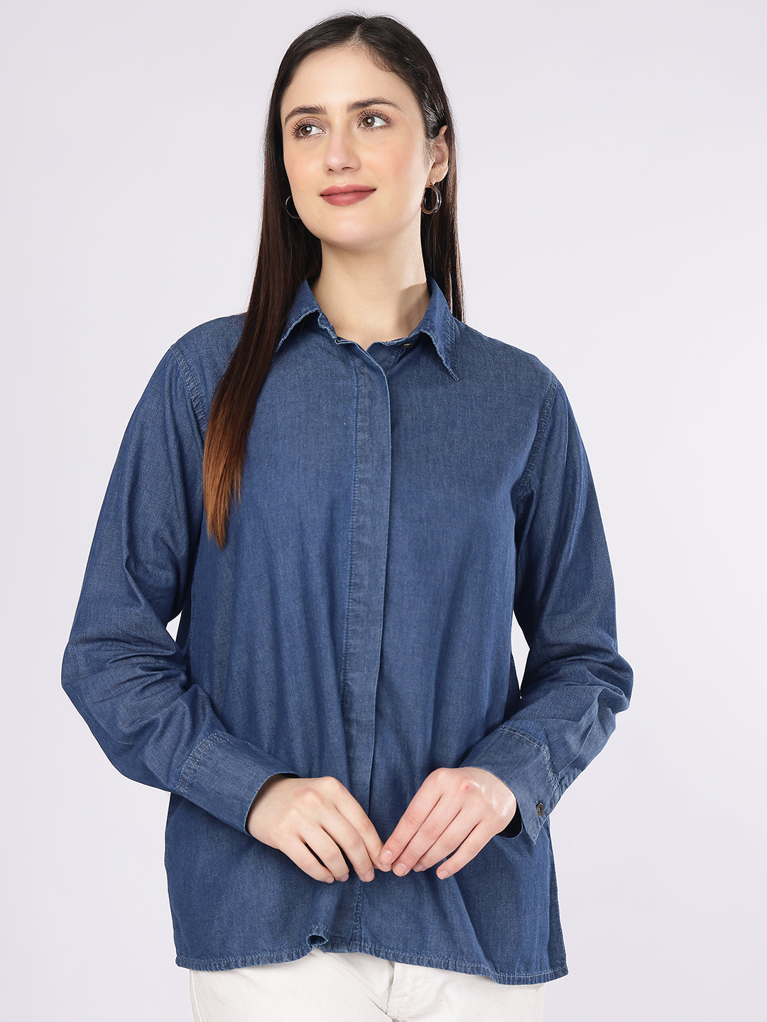 Women’s Blue Relaxed Fit Hidden Placket Denim Shirt