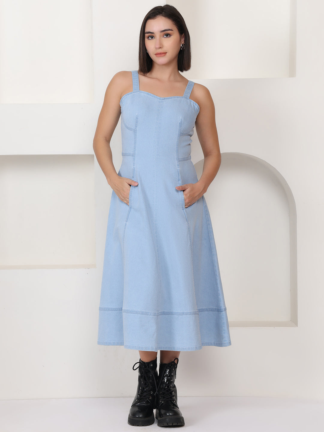 PUELLA Women Light Blue Stretch Denim Fit & Flare Midi Dress