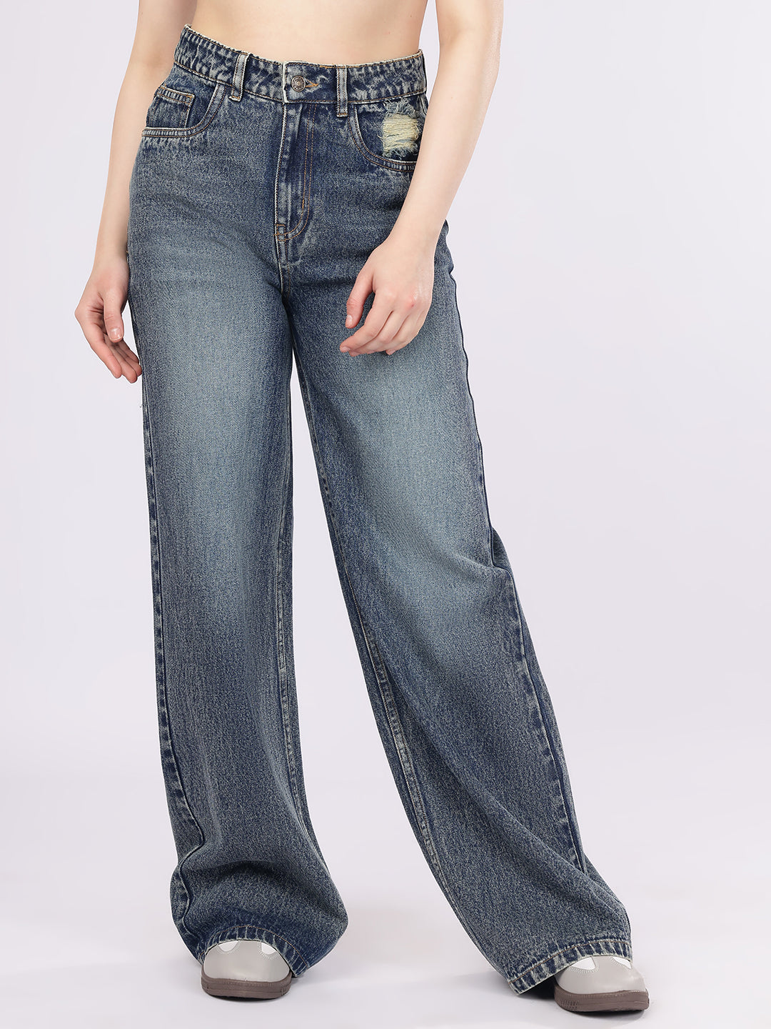 PUELLA Women's Acid Wash High-Rise Baggy Fit Jeans with Single Distress Detail