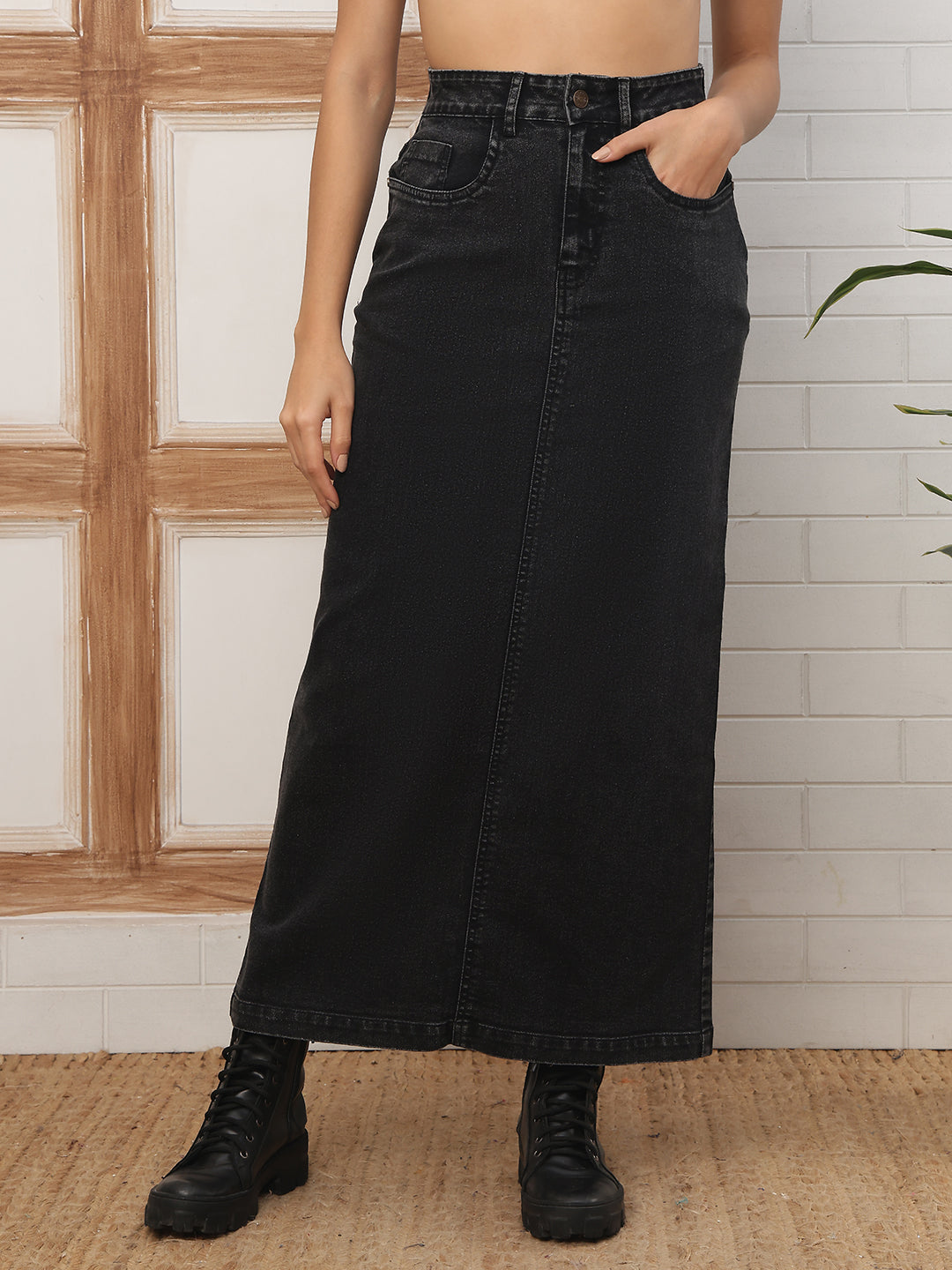 Women’s Black Charcoal Longline Denim Skirt