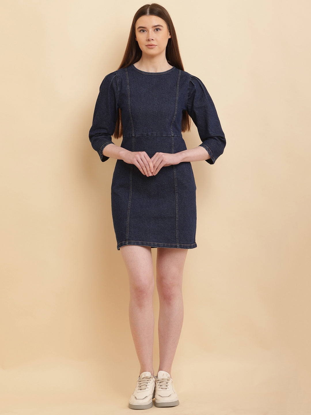 PUELLA Women Dark Blue Solid Denim Mini Dress with Puff Sleeves