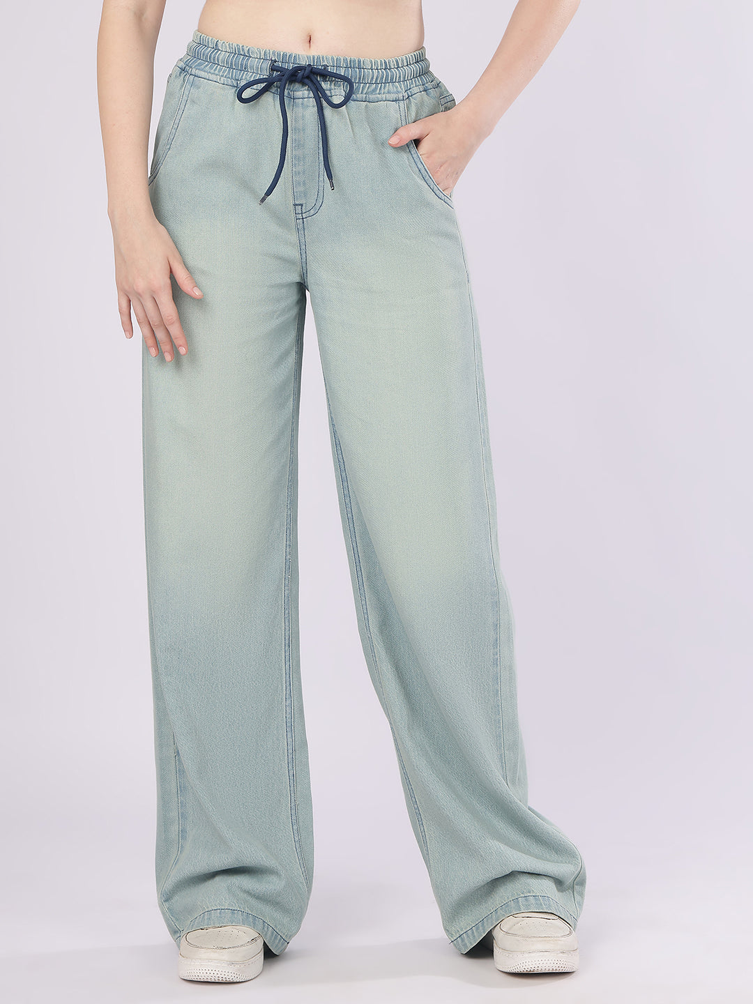 PUELLA Women's Relaxed Fit Light Blue Wide-Leg Denim Pants with Drawstring