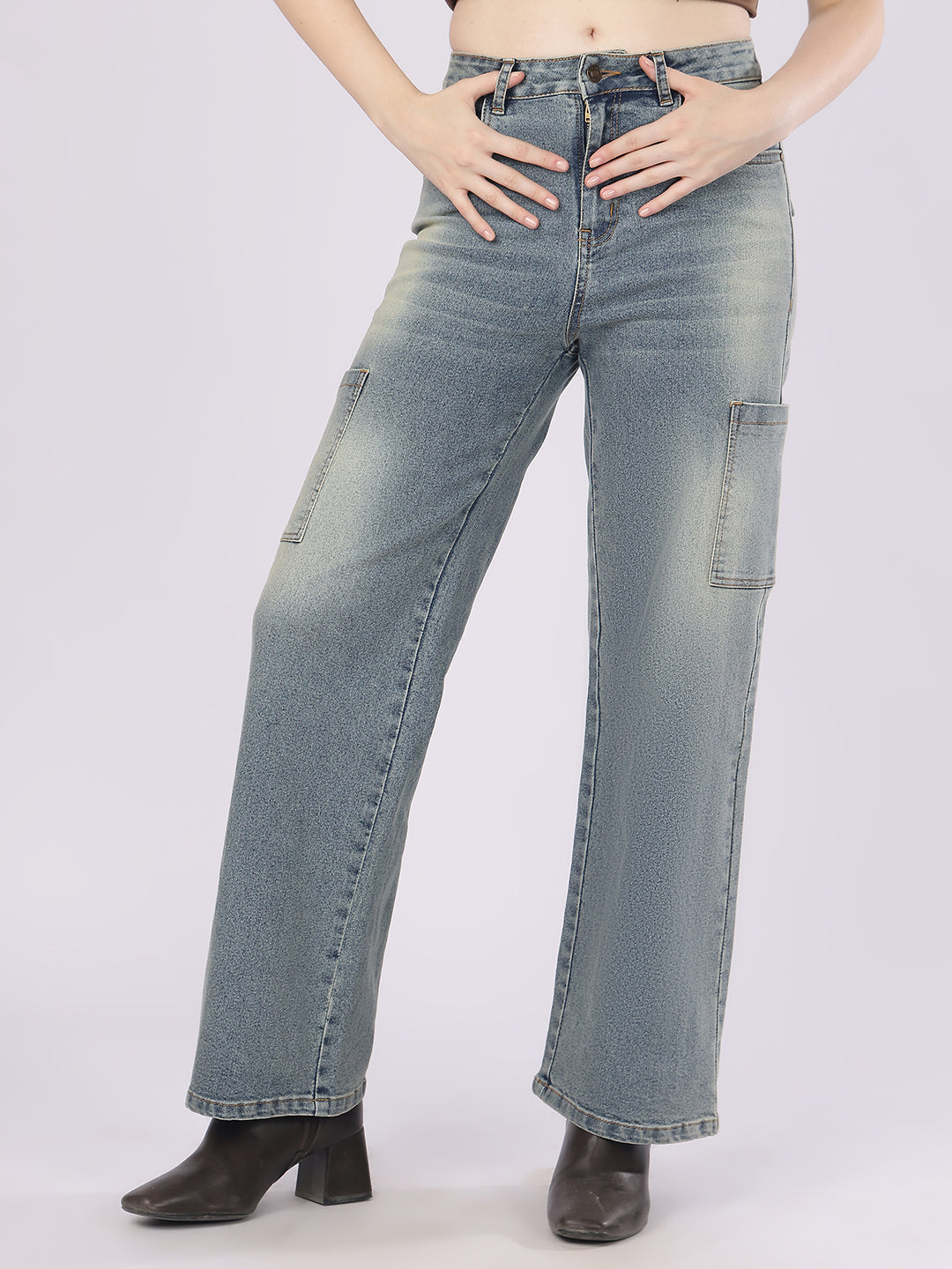 Women’s Blue Straight Fit Cargo Denim Jeans