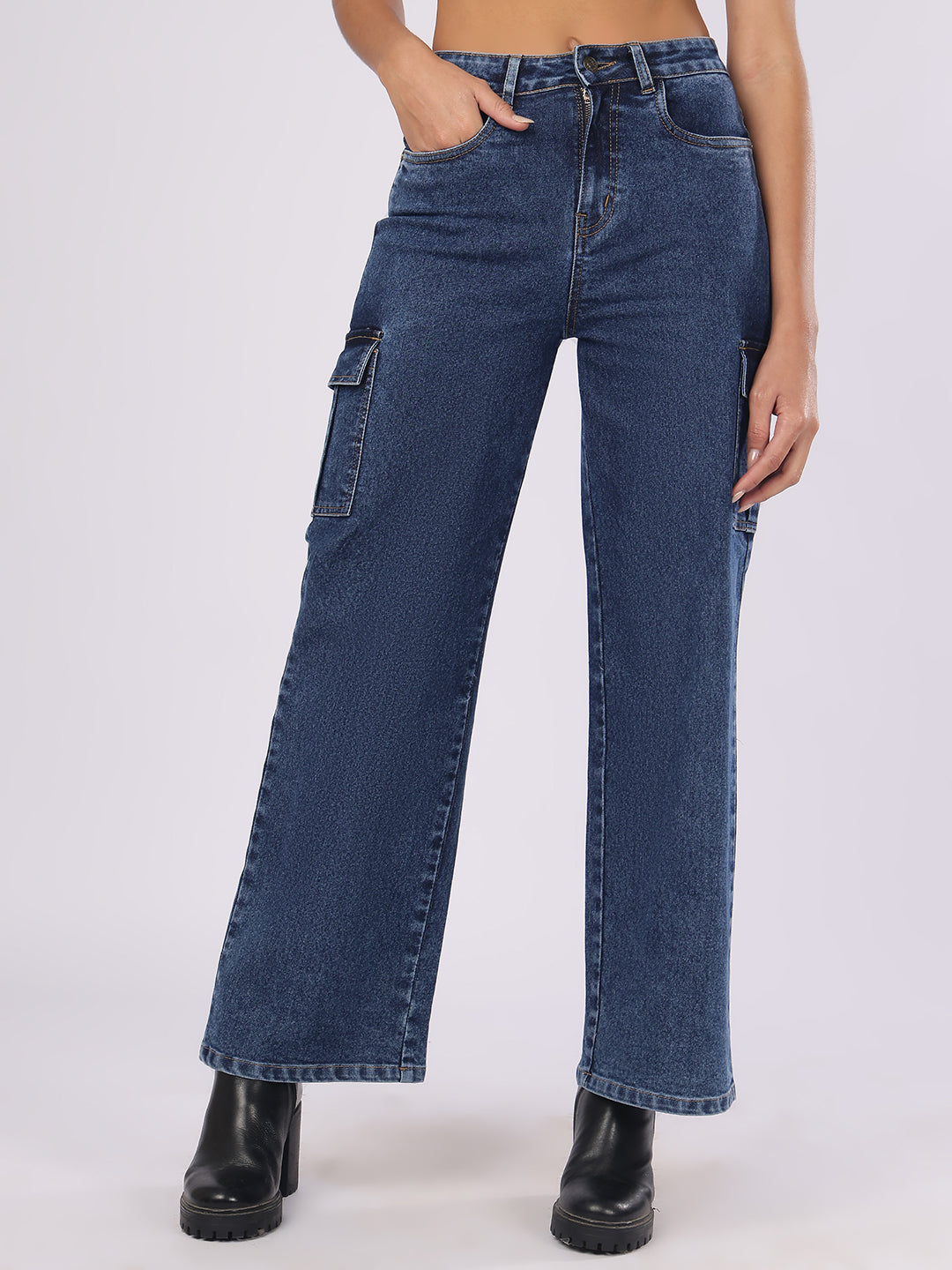 Women’s Dark Blue Straight Fit Cargo Denim Jeans