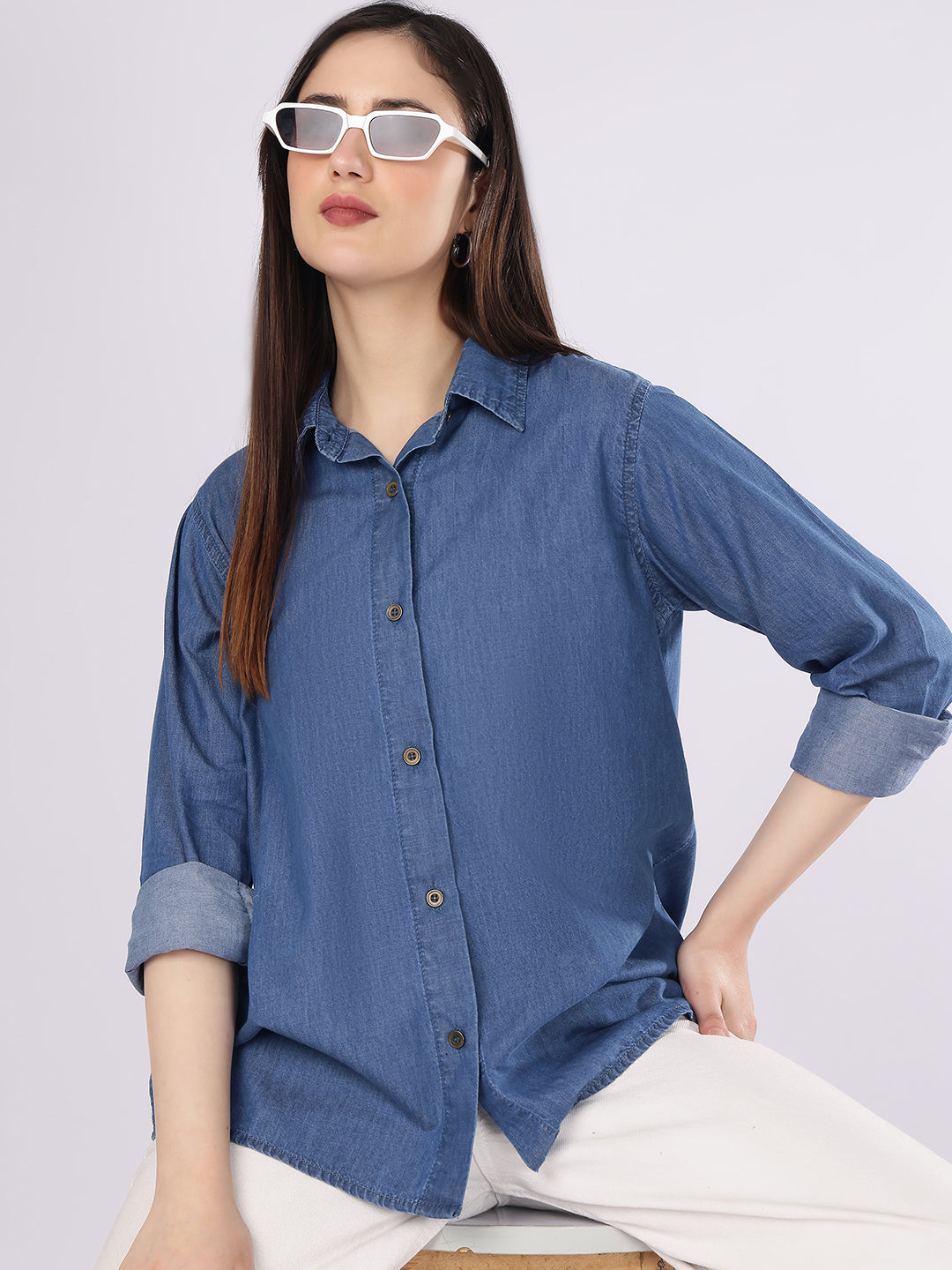 Women’s Blue Relaxed Fit Solid Denim Shirt