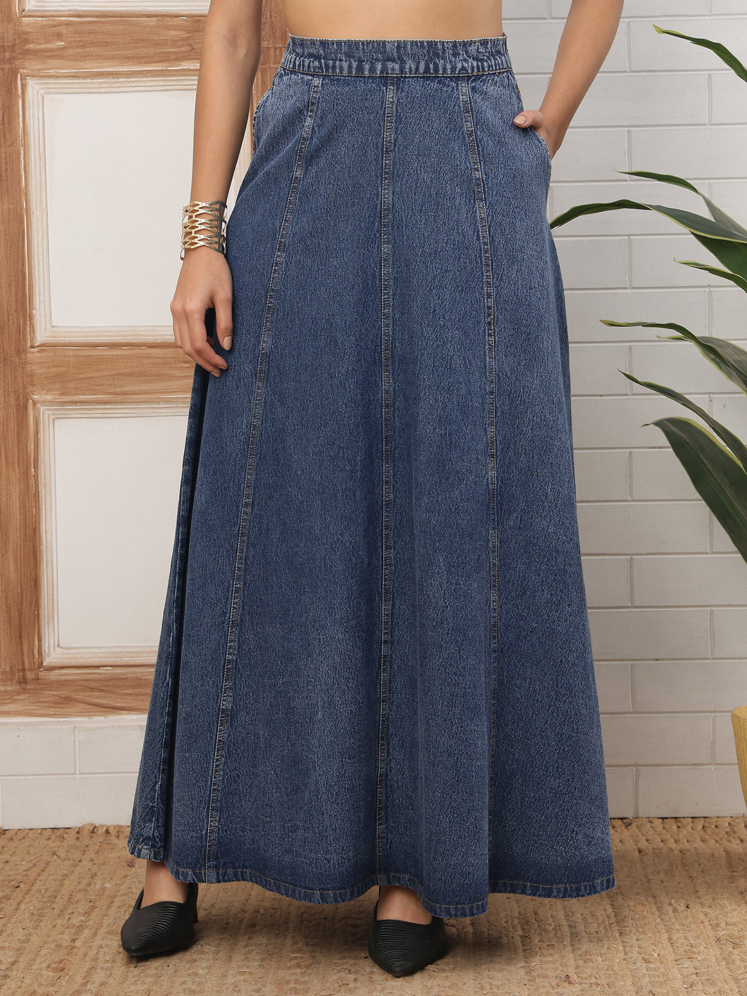 Women’s Indigo Blue Flared Denim Maxi Skirt